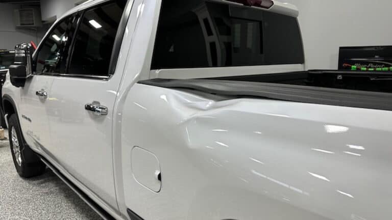 truck bed panel dent before paintless dent repair rpm dent repair raynham massachusetts