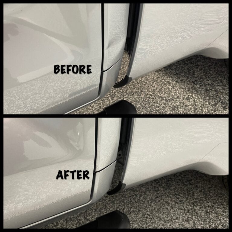 Before and After — Rocker Panel Dent Removed, Raynham MA Before and after comparison of a dent on the lower rocker panel of a white vehicle repaired with paintless dent repair at RPM Dent Repair Raynham Massachusetts