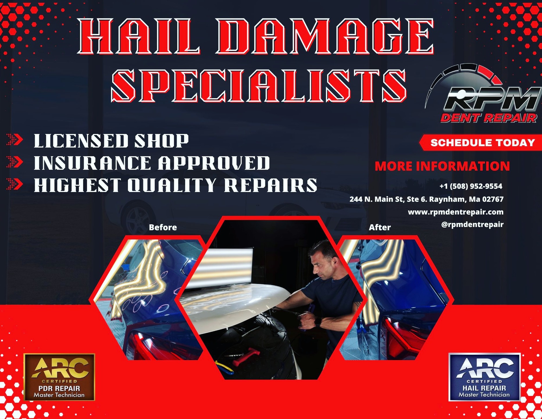 Last night&rsquo;s hailstorm hit across Rockland, Whitman, Abington, Randolph, East Bridgewater, and Hanson &mdash; leaving many vehicles with dents. If your car got hit, RPM Dent Repair is here to help!! 

Why Choose RPM Dent Repair? 
We are a registered shop and can work with any insurance company, making the process smooth and stress-free for you. Don't let hail damage take a bigger toll on your vehicle. Trust our over 30 years of experience to restore your car without compromising its value.

With the recent hailstorm impacting our area, make RPM Dent Repair your first call before heading to a body shop. Here&rsquo;s why: when panels are replaced, your vehicle&rsquo;s value can drop &mdash; a loss known as diminished value. The best way to protect your investment is to keep your car 100% original, avoiding repainting, panel replacement, or the use of body fillers whenever possible.

📍 RPM Dent Repair &ndash; Licensed