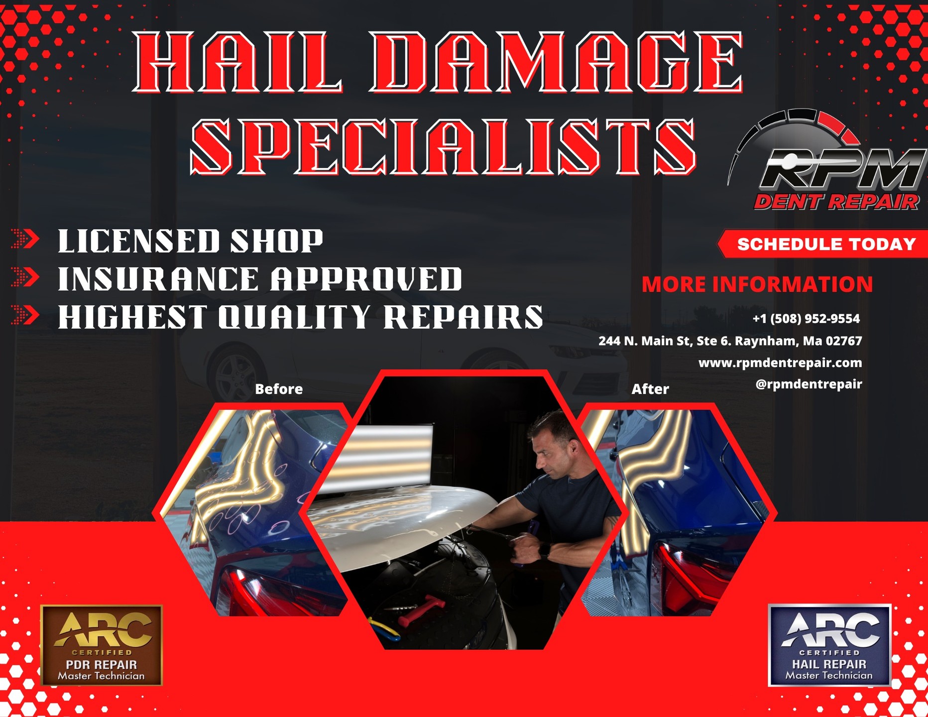 🚗 Keep Your Car&rsquo;s Value Intact with RPM Dent Repair! 🚗

At RPM Dent Repair, we consistently repair panels that other body shops say need replacing. With the recent hail storm hitting our area, make us your first stop before considering a body shop. Why? When panels are replaced, your car&rsquo;s value can diminish&mdash;this is known as diminished value. The best way to maintain your car&rsquo;s worth is to keep it original, avoiding repainting, replacing panels, or using any body fillers whenever possible.

We are a fully registered shop and can work with any insurance company, making the process smooth and stress-free for you. Don't let hail damage take a bigger toll on your vehicle. Trust our over 30 years of experience to restore your car without compromising its value.

#hail #marion #capecod #bourne #mattapoisett #pdr #paintlessdentrepair